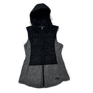 The North Face Pseudio Hoodie Vest Womens Small Gray Black Quilted Stretch Puffy